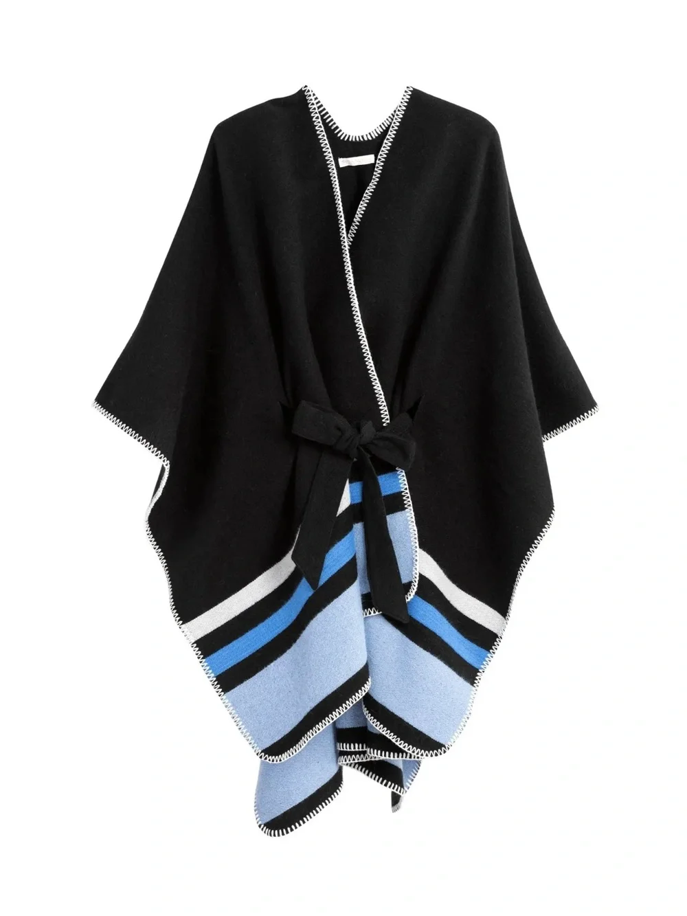 Shiraleah Twila Belted Cape Poncho Black Blue Stripe Stitch Detail
